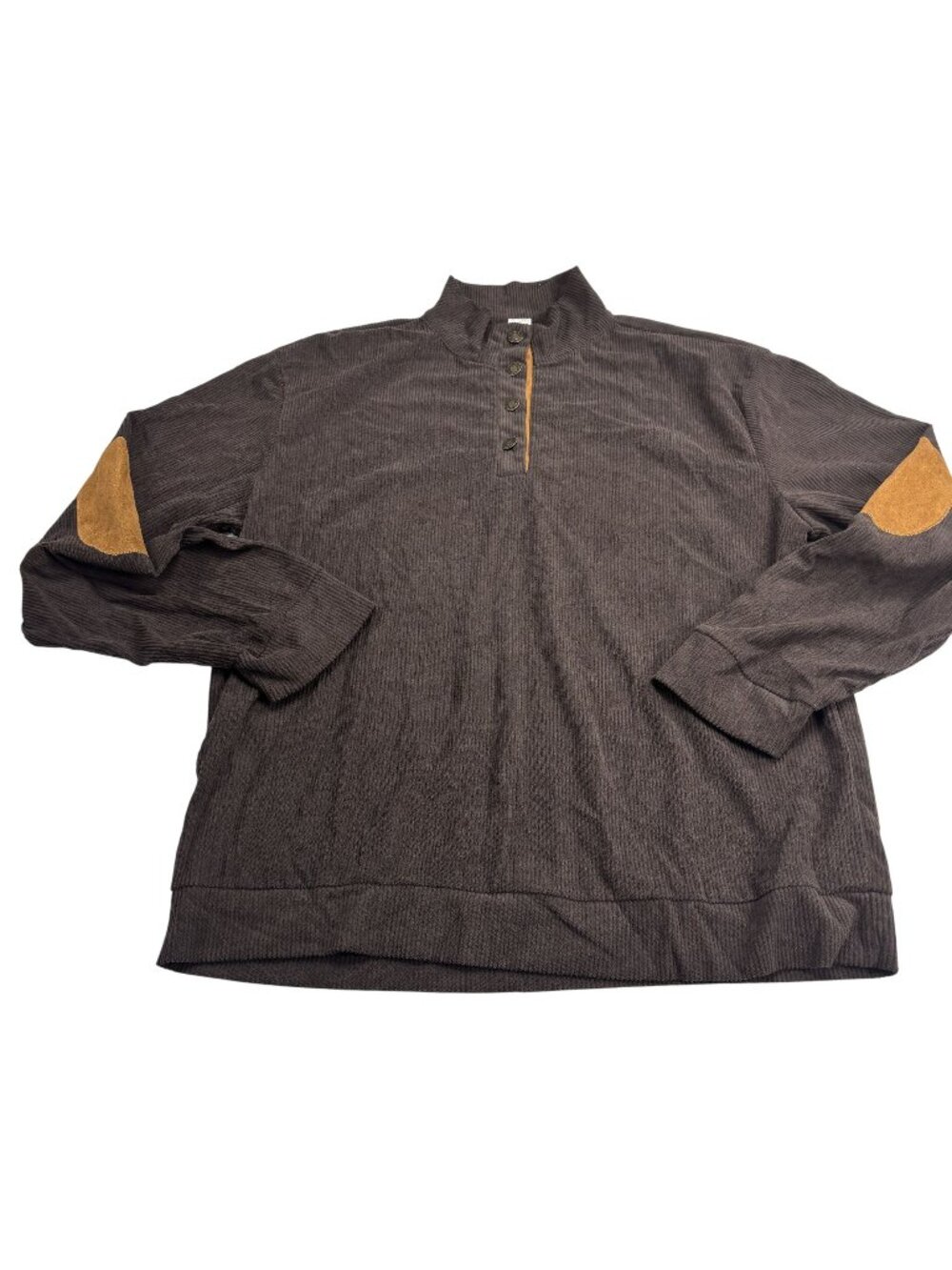 Brown Long Sleeve Pullover With Buttoned Neck & Suede Elbow Patches Size L Cotto
